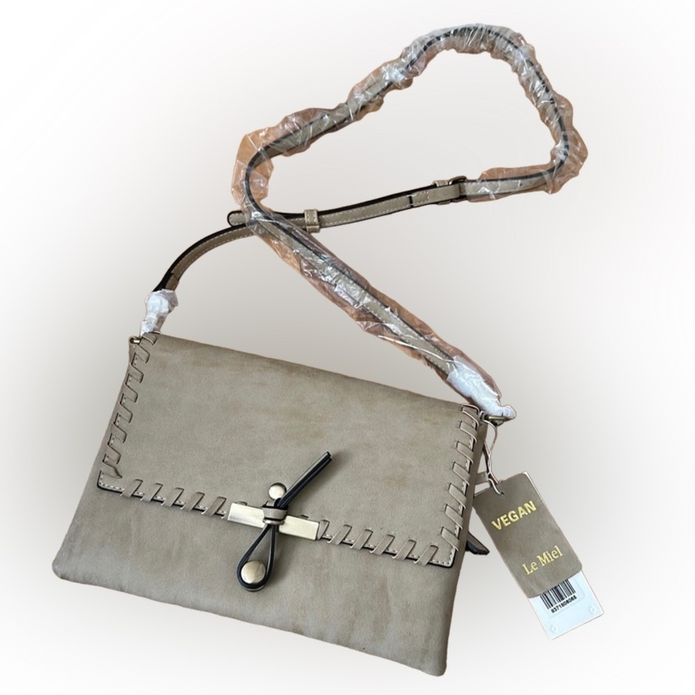 Le Miel Vegan Leather Crossbody Clutch Shoulder Stone Color Bag NWT